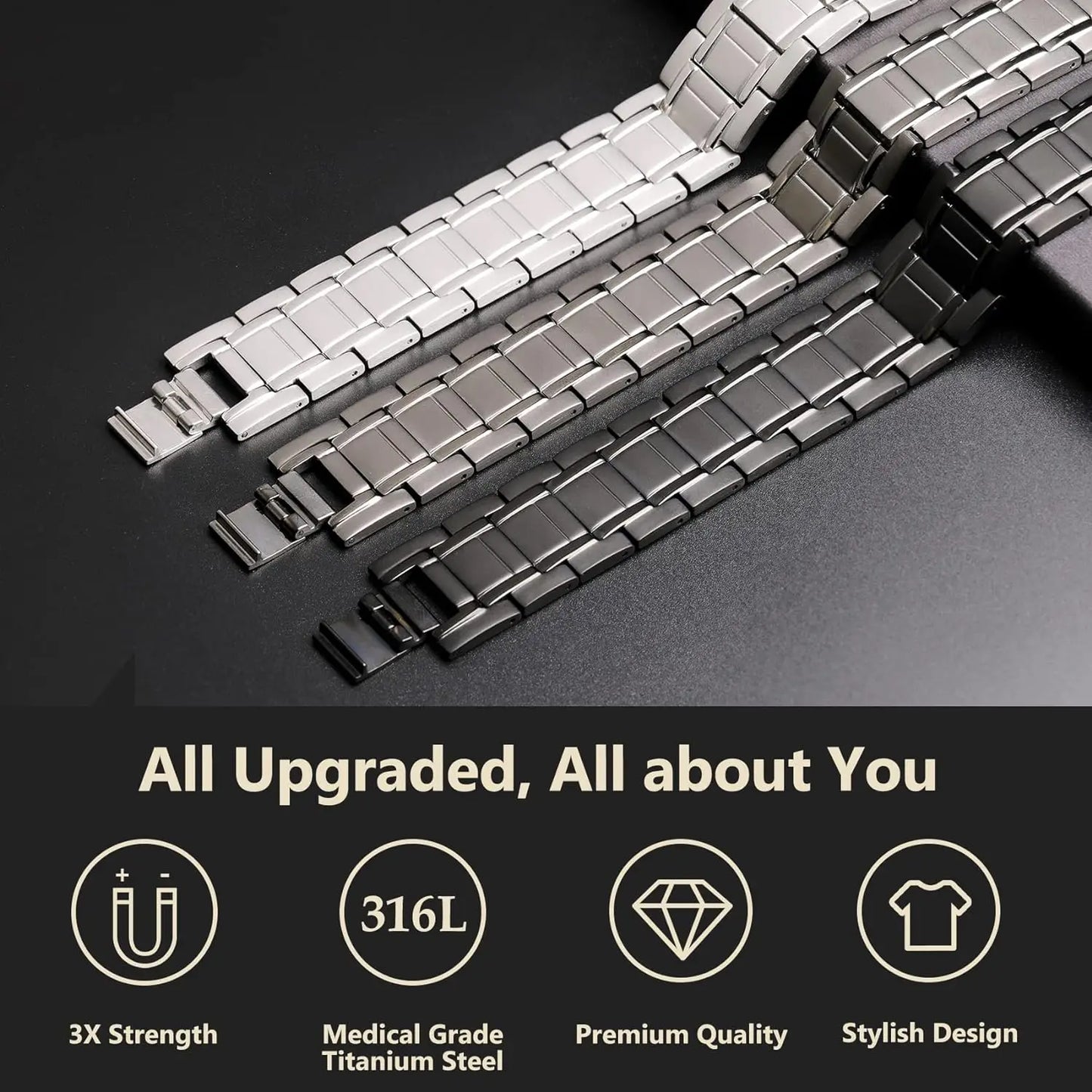 Pulseras clásicas de acero y titanio ARADOO con 3 imanes de neodimio ultrarresistentes, pulsera de eslabones de cobre para terapia magnética.