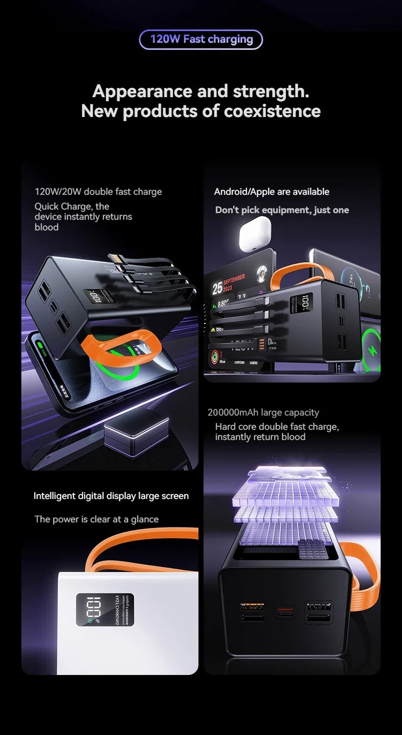 Cargador portátil de alta capacidad Oneplus de 500.000 mAh y 120 W, 4 en 1, con carga rápida y cables, para Samsung y iPhone.