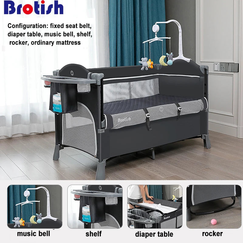 Cuna portátil multifuncional para bebé, cuna plegable con cambiador, mecedora, juego de cama para niños, muebles de dormitorio para niños de 0 a 6 años.
