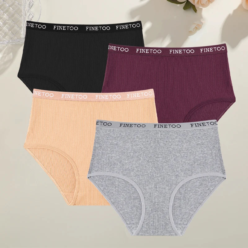 Conjunto de 4 bragas de algodón acanaladas a rayas para mujer, tallas grandes, cintura alta, transpirables, lencería lisa, pantalones cortos S-XXL