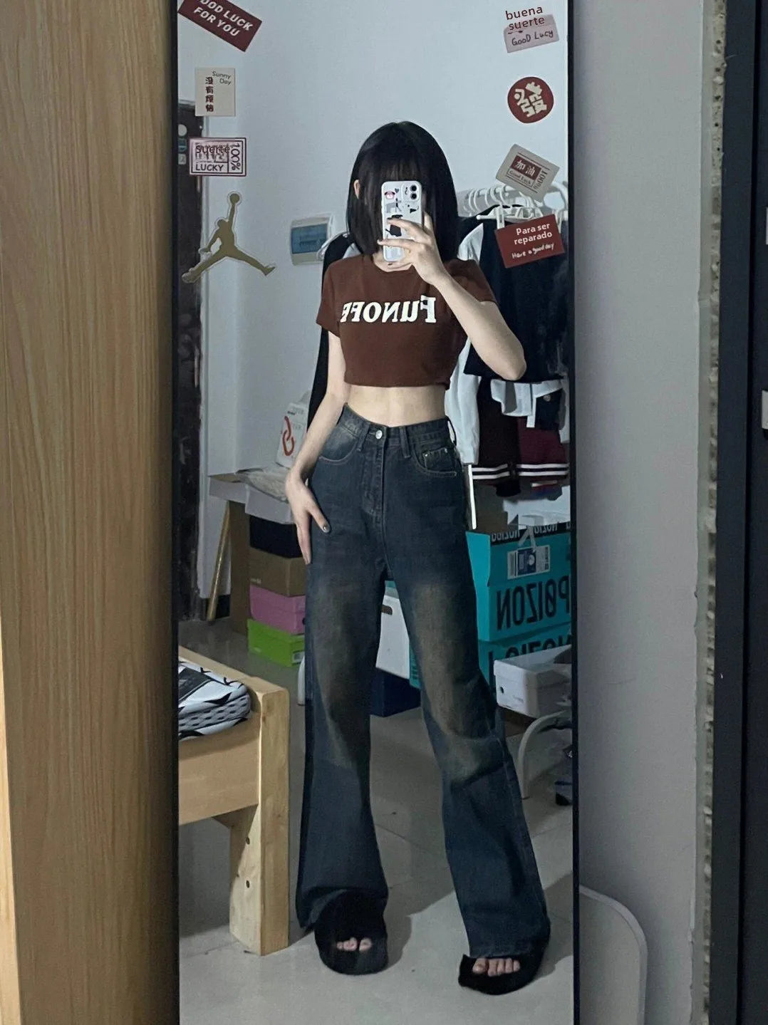 Pantalones vaqueros acampanados de pierna ancha y descoloridos estilo retro para mujer, nuevos de 2025, de cintura alta, holgados y adelgazantes, hasta el suelo.