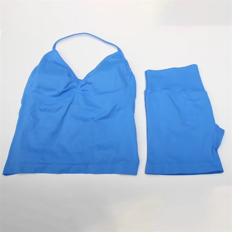 Women's Electric Blue Blossom High Stretch Top Sports Bra Shorts Set Comfortable Gym Workout Yoga Active Wear Impact Outfit