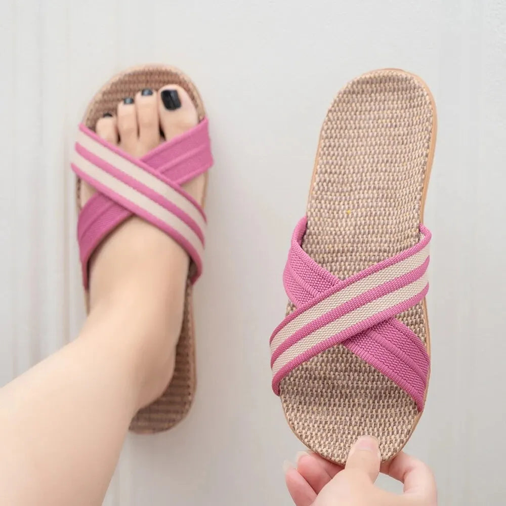 Sandalias planas de lino para mujer, ligeras y casuales, de talla grande, para verano, para el hogar, envío gratis