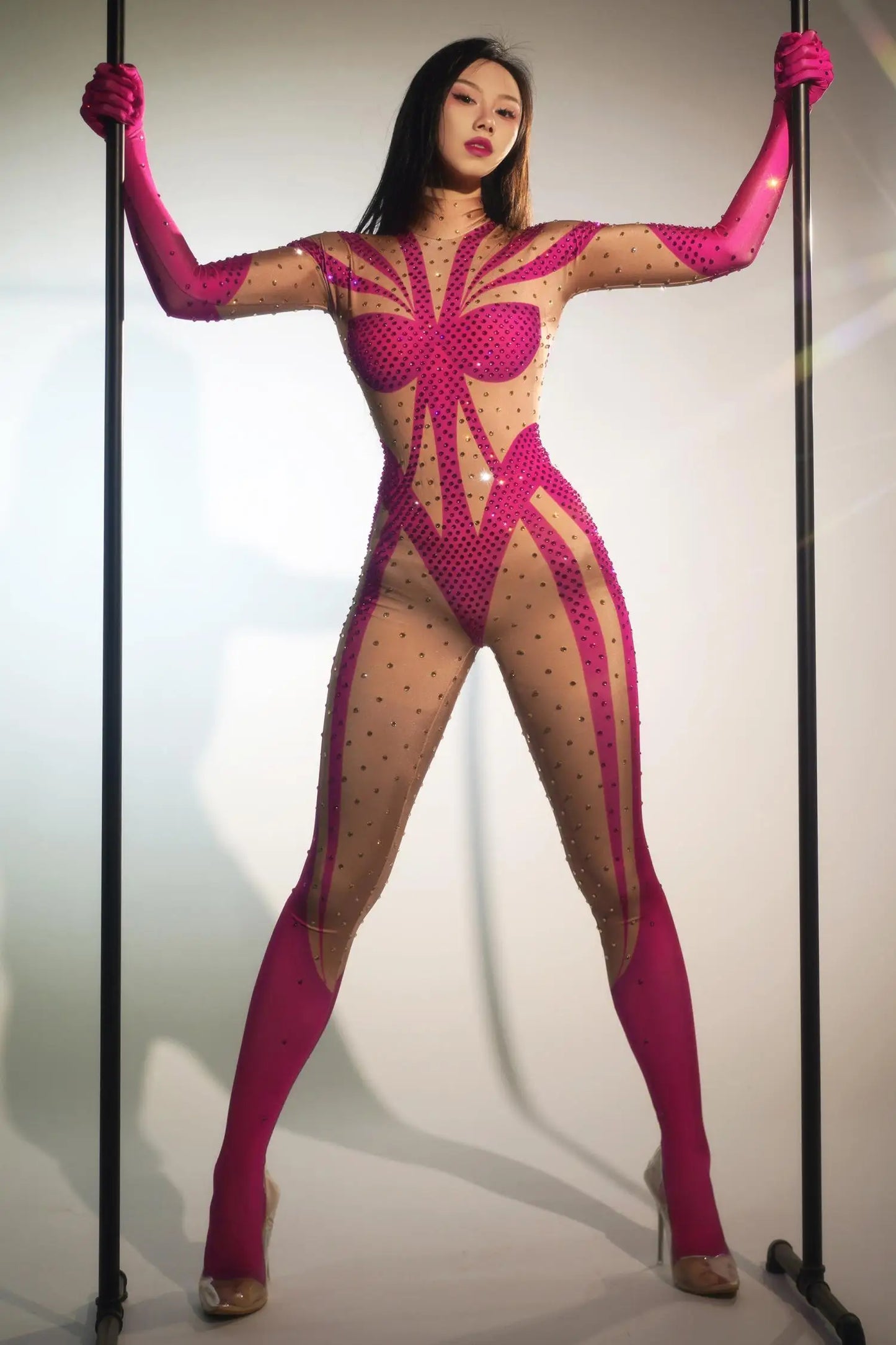 Female Sexy Stretch Long Sleeve Bodycon Bodysuit Exotic Pole Dancer Outfit Crystal Rompers Skinny Women Club Prom Party Jumpsuit
