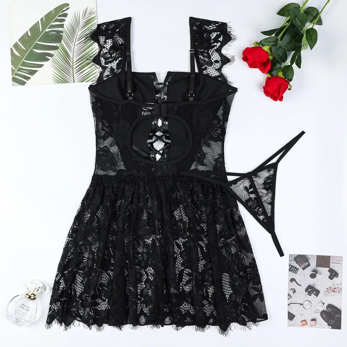 Conjunto exótico de PU sexy para mujer, vestido de encaje transparente, lencería elegante con abertura, body exótico para fiesta y club.