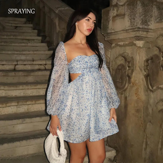 SPRAYING Blue Flower Print Mini Prom Gown Sweetheart Long Sleeve Party Dress Sexy Short Formal Event Dress Customized 2025