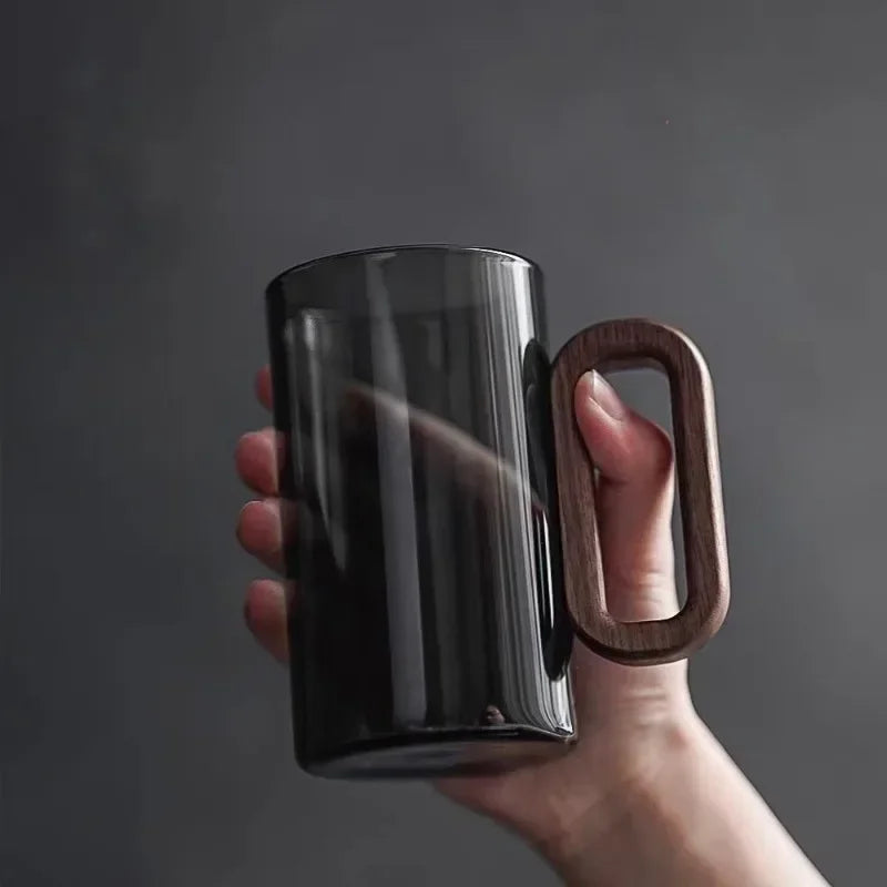 Tazas de té de vidrio de borosilicato de 360 ml, resistentes al calor, transparentes, con mango de madera, para agua potable, para el hogar y la oficina.