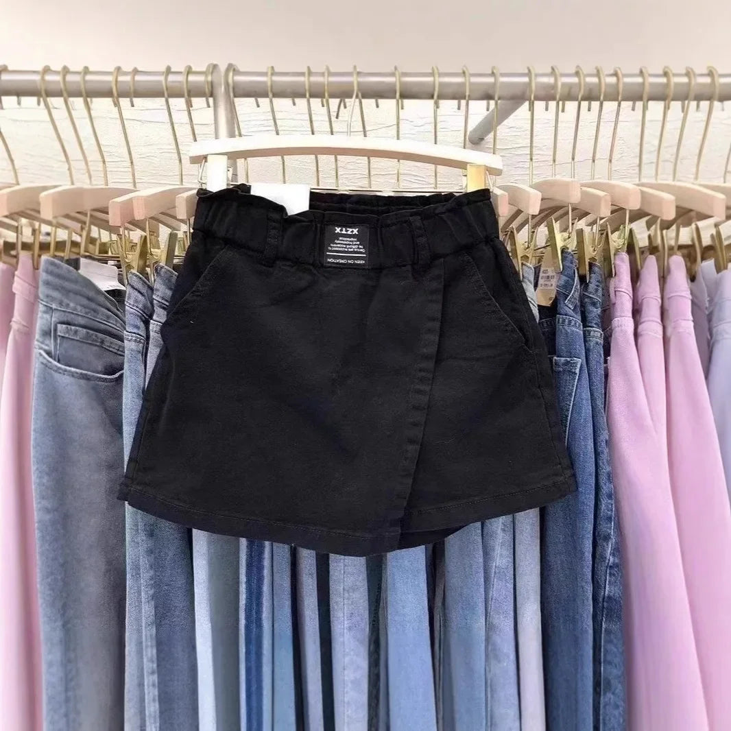 Vestido mini de algodón de cintura alta, talla grande, dos piezas, ilusión, pantalones, falda, adelgazante, corte A, medio cuerpo, para mujer, primavera, verano, blanco