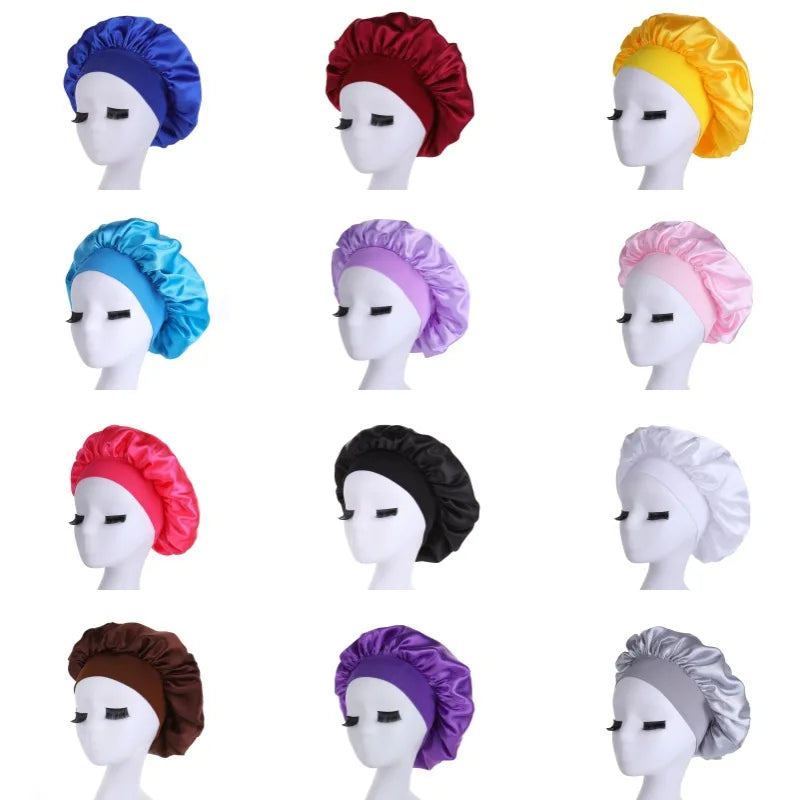 Gorro de dormir para mujer, gorro de seda satinado de doble capa, ajustable, para ducha, para cabello rizado, accesorios de peinado.