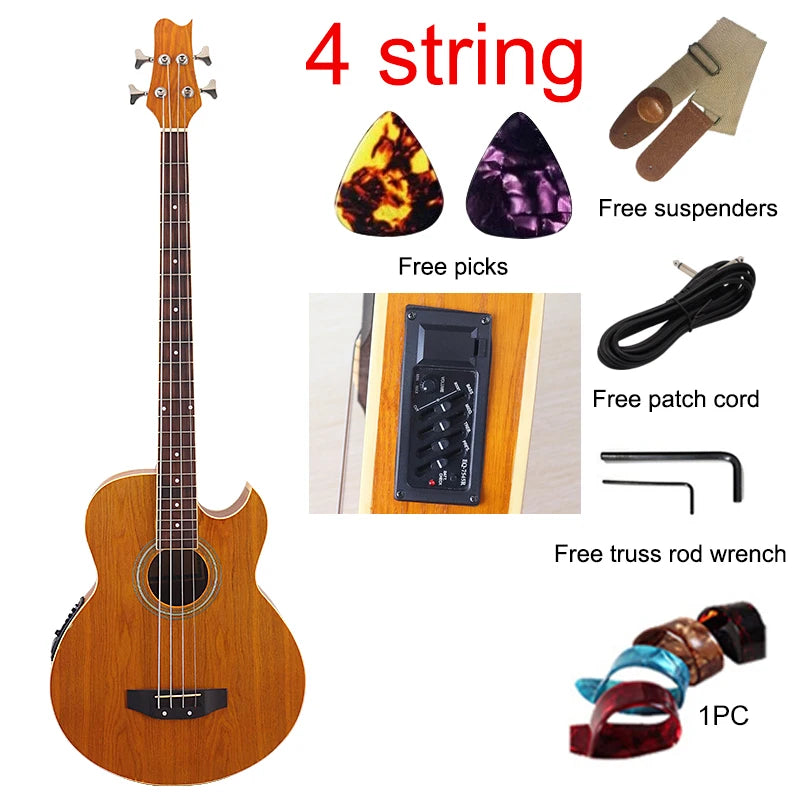 Bajo electroacústico de 43 pulgadas y 4 cuerdas, diseño de guitarra folk con cutaway, con funda y ecualizador.