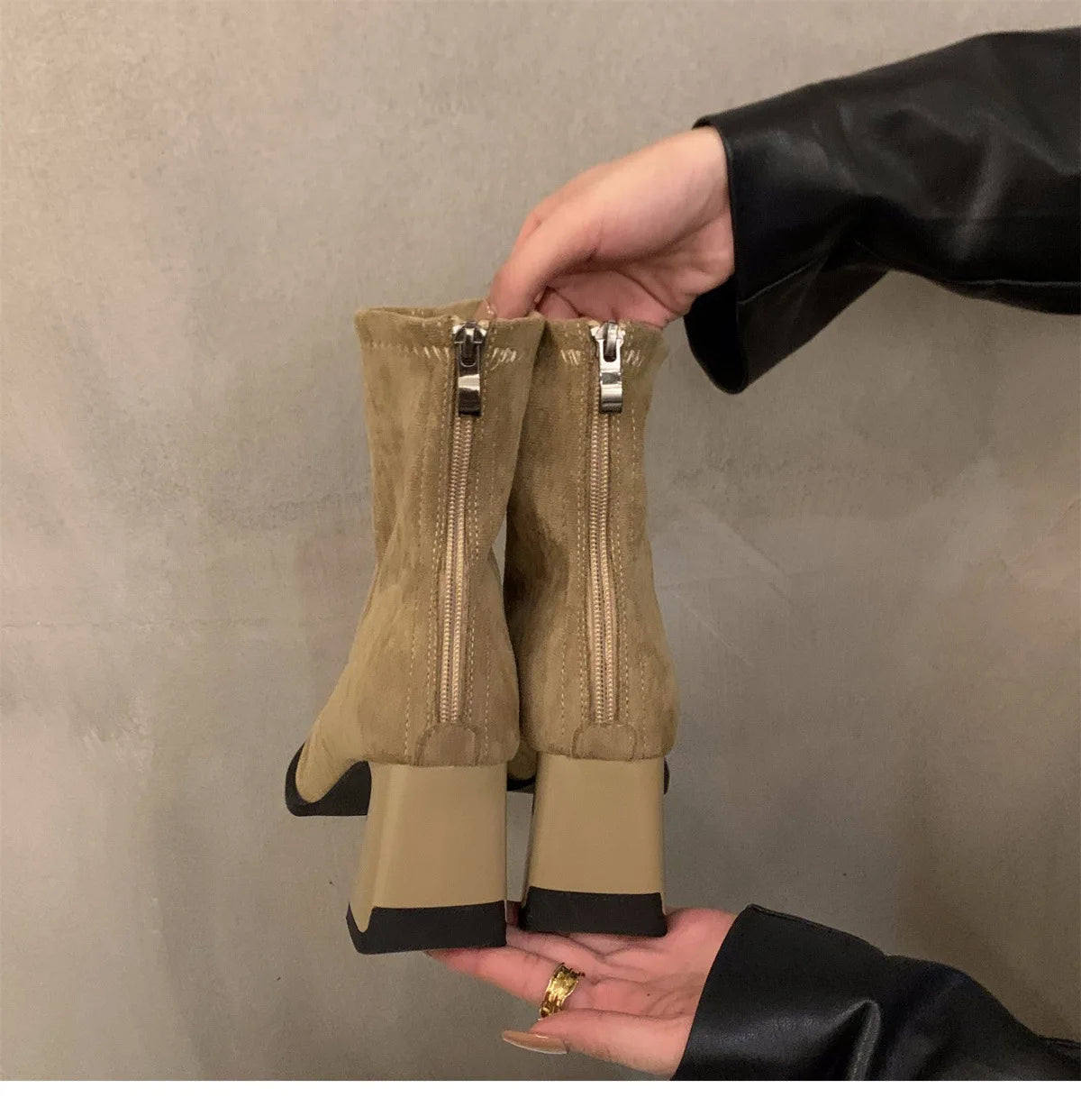 Vintage Women Ankle Boots 2024 Fashion Square Toe Thick High Shoes Autumn Winter New Ladies Elegant Stretch Slim Short Booties