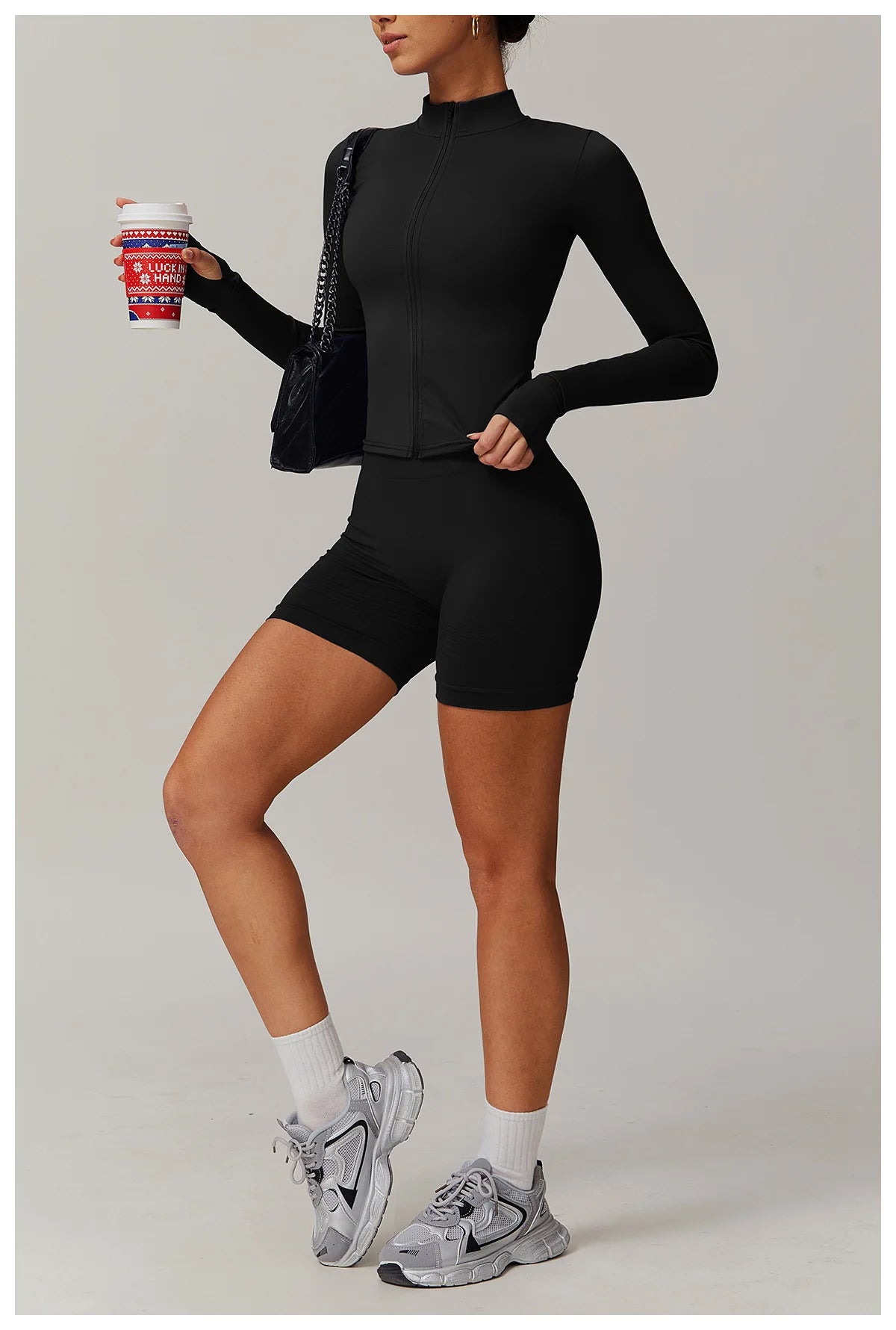 Conjunto deportivo de 2 piezas para mujer, chándal para correr, entrenamiento, con cremallera, pantalones cortos de manga larga, ropa de yoga, ropa deportiva