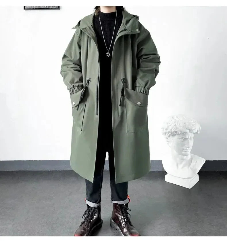 2025 Spring Autumn  Green Windbreaker Fashion Men Mid-length Casual Hooded Coat Men Daily High Street Overcoat Male Clothes