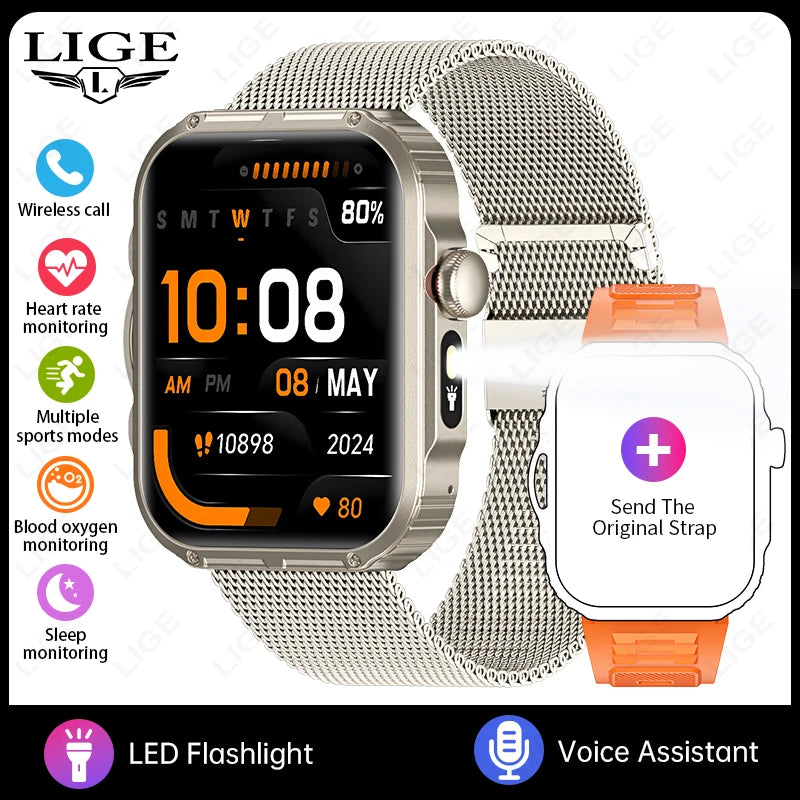 Reloj inteligente de 2,01 pulgadas para hombre y mujer, con linterna LED, control del ritmo cardíaco, para deportes al aire libre y fitness, resistente al agua