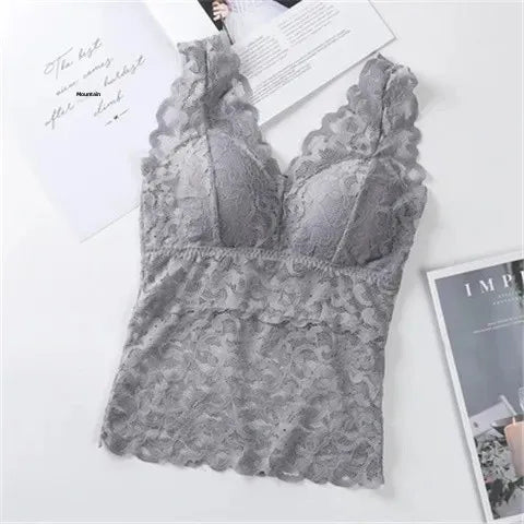 Camiseta de tirantes de encaje de talla grande para mujer, de longitud media, estilo fino de verano con almohadilla para el pecho, capa base, ropa interior exterior