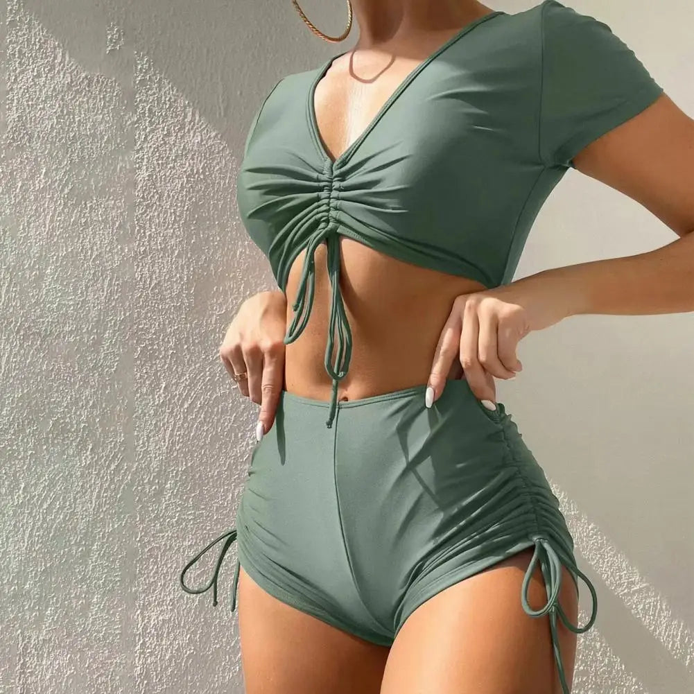 2Pcs/Set Swimsuit for Women Bikini Set V-Neck Short Sleeve Tops High Waist Drawstring Swimming Trunks Quick Drying Swimsuit