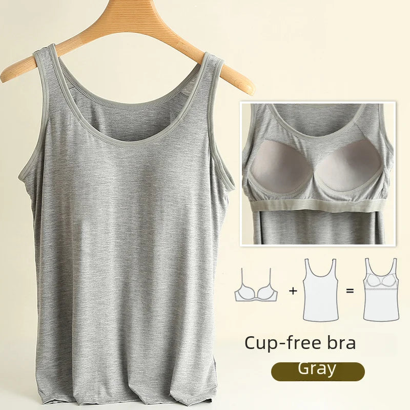 Chaleco de modal para mujer con almohadilla para el pecho, correa de ajuste fino, sujetador de una pieza, camiseta base, transpirable, cómoda, espalda, belleza, almohadilla de algodón