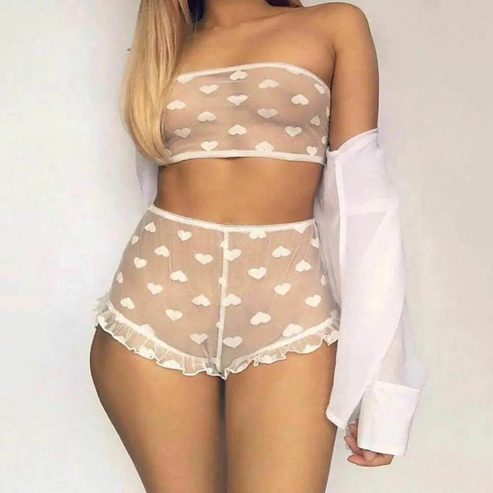 Conjunto de ropa interior erótica para mujer, top de tubo con estampado de corazones transparente, microshorts de encaje, lencería sin entrepierna, body sexy de encaje tipo babydoll.