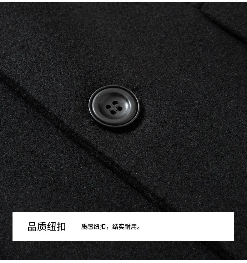 Black Men Wool Long Trench Coat Stylish Single Breasted Quilted Lined Wool Blend Pea Coats Men Winter Cashmere Coat Windbreaker