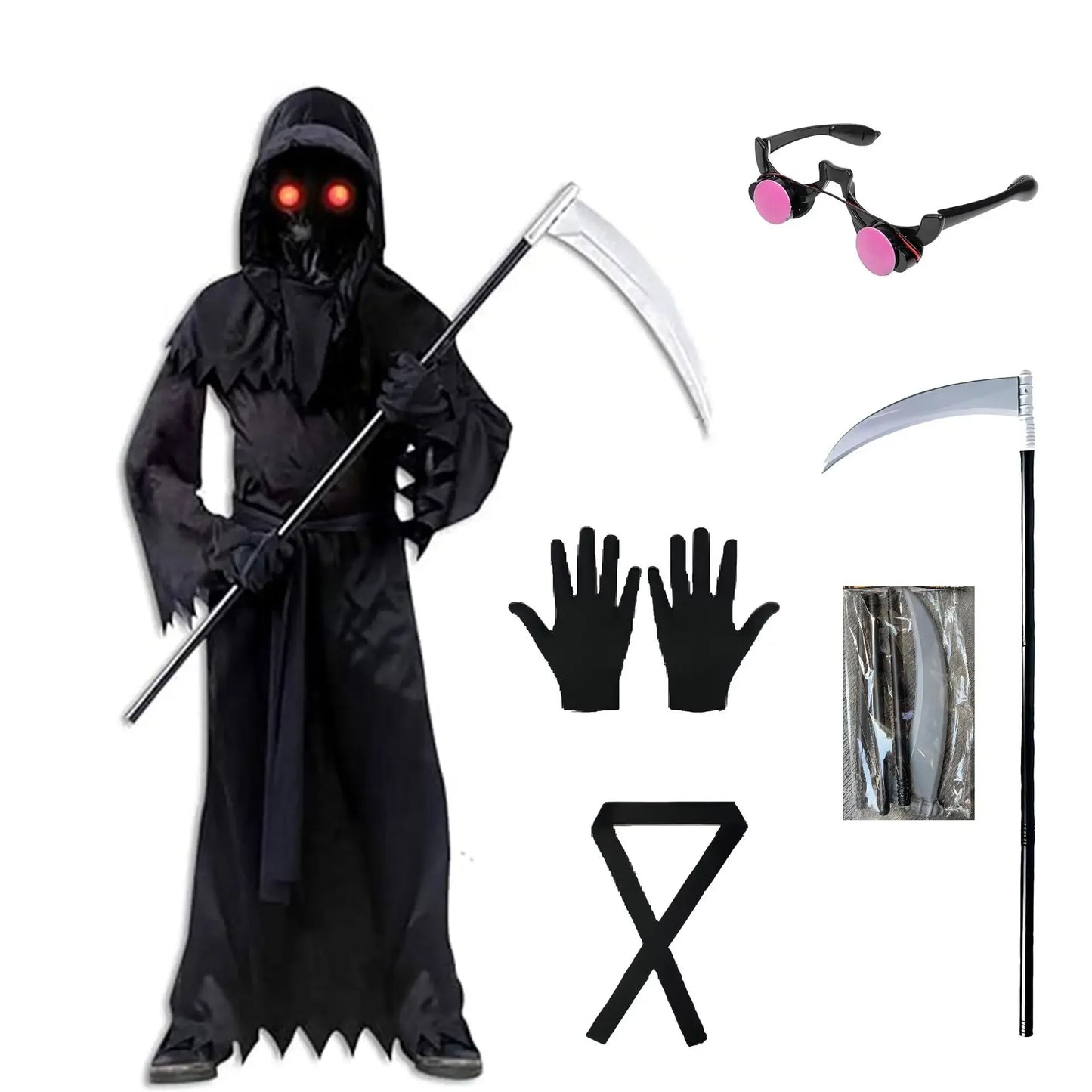 Child Horror Red Eye Grim Reaper Costume Scythe Devil Darkseid Ghost Cosplay Suit Halloween Hooded Party Dress Gloves
