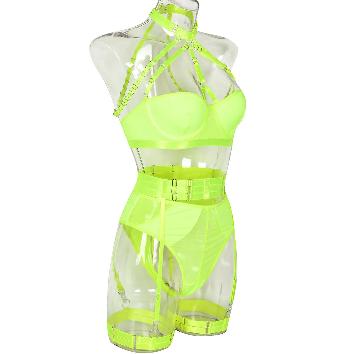 Conjunto de lencería sexy para mujer, con panel de encaje, escote en V profundo, glúteos abiertos, tirantes con forma de corazón de melocotón, cadena cruzada, liguero, ropa interior de tres piezas