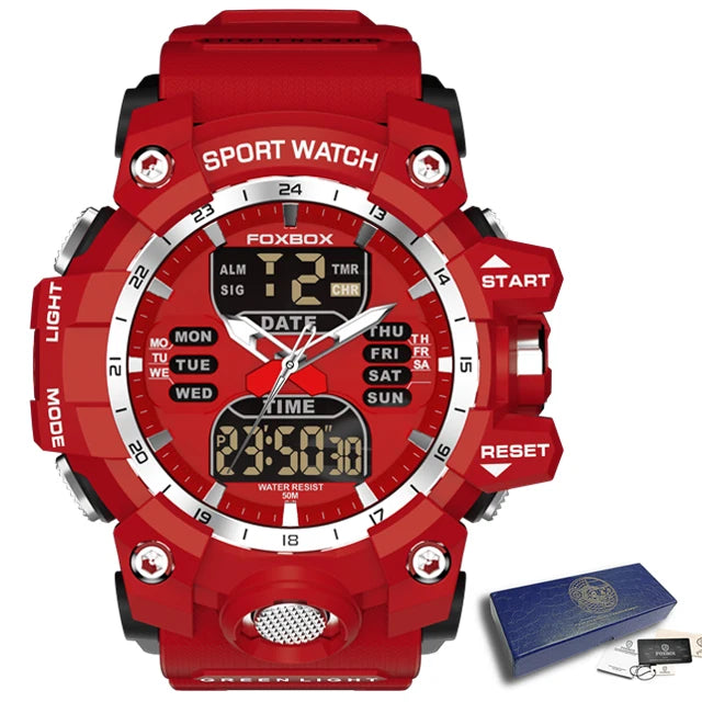 Relojes militares FOXBOX para hombre, LIGE, cronógrafo deportivo de lujo, alarma, reloj de pulsera impermeable, cuarzo, reloj grande digital para hombre.