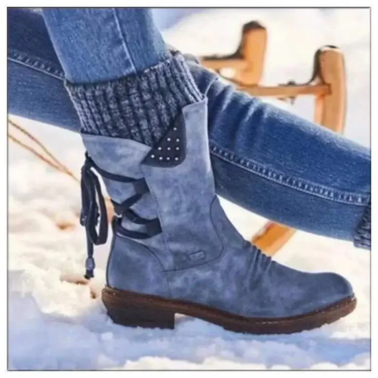 Botas de invierno a media pantorrilla para mujer, zapatos de invierno, botas de nieve a la moda para mujer, botas altas de gamuza cálidas 2025