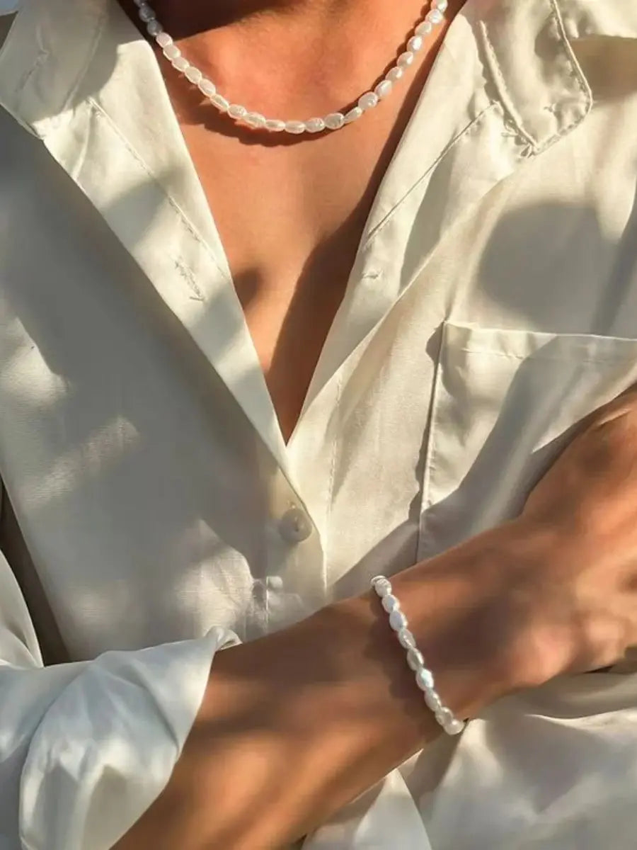 Collar y pulsera de cadena de perlas de imitación hechos a mano estilo bohemio para hombre, moderno conjunto de joyería vintage con cadena para clavícula y cuello, estilo steampunk.