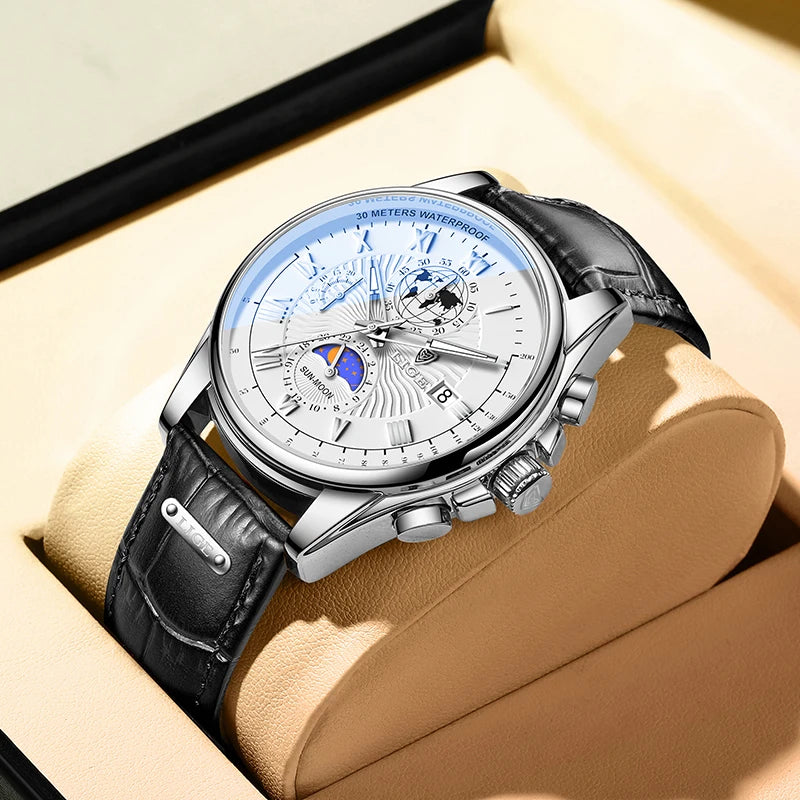 LIGE 2024 - Nuevo reloj de cuero azul para hombre, marca de lujo, resistente al agua, deportivo, con fecha, de cuarzo, Masculino