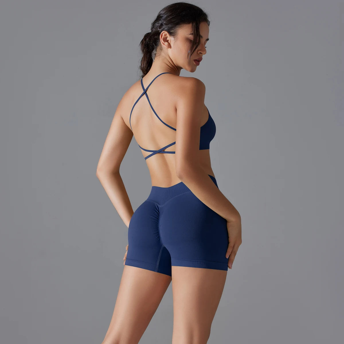 Conjunto deportivo de yoga, mallas de gimnasio de secado rápido, tirantes cruzados con absorción de impactos, pantalones cortos de ciclismo para mujer, entrenamiento de yoga.