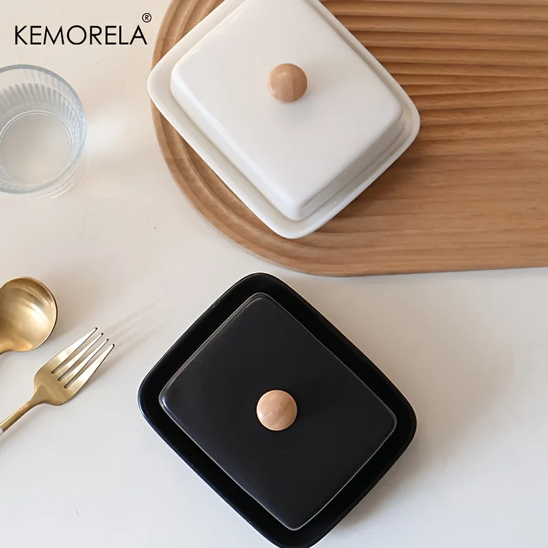 KEMORELA Mantequera de cerámica con tapa, rectangular, sellable, para guardar quesos, de alta gama y elegante para cocina y restaurante.