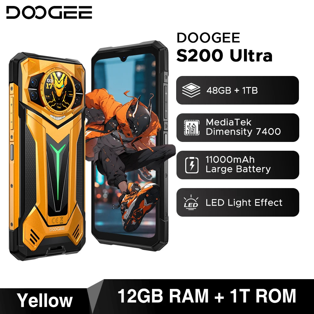 Teléfono resistente DOOGEE S200 Ultra 5G con IA, 48 GB + 1 TB, pantalla trasera de 1,34" con efecto de luz, procesador Dimensity 7400, batería de 11000 mAh, carga rápida de 66 W, NFC, WiFi 6E.