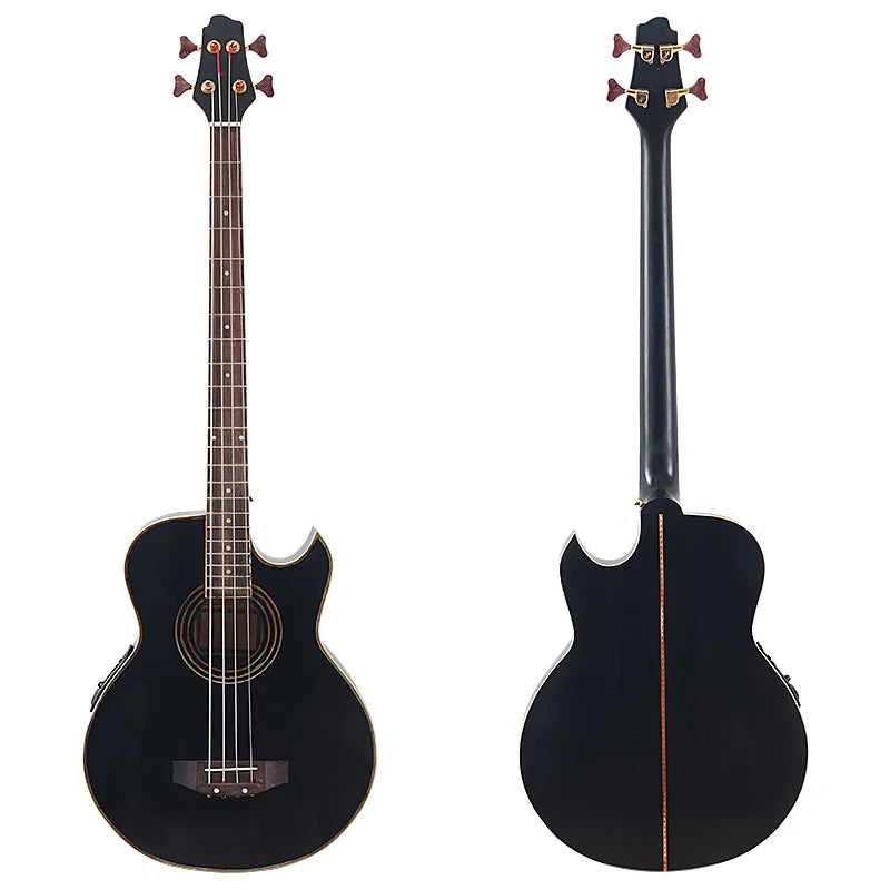 Bajo electroacústico de 43 pulgadas y 4 cuerdas, diseño de guitarra folk con cutaway, con funda y ecualizador.
