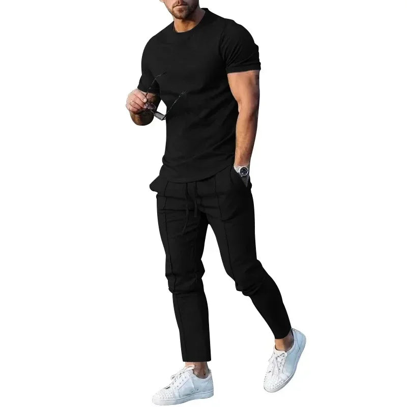Conjunto deportivo para hombre, otoño 2023, verano, liso, informal, cuello redondo, manga corta, camiseta deportiva, conjunto de dos piezas para hombre