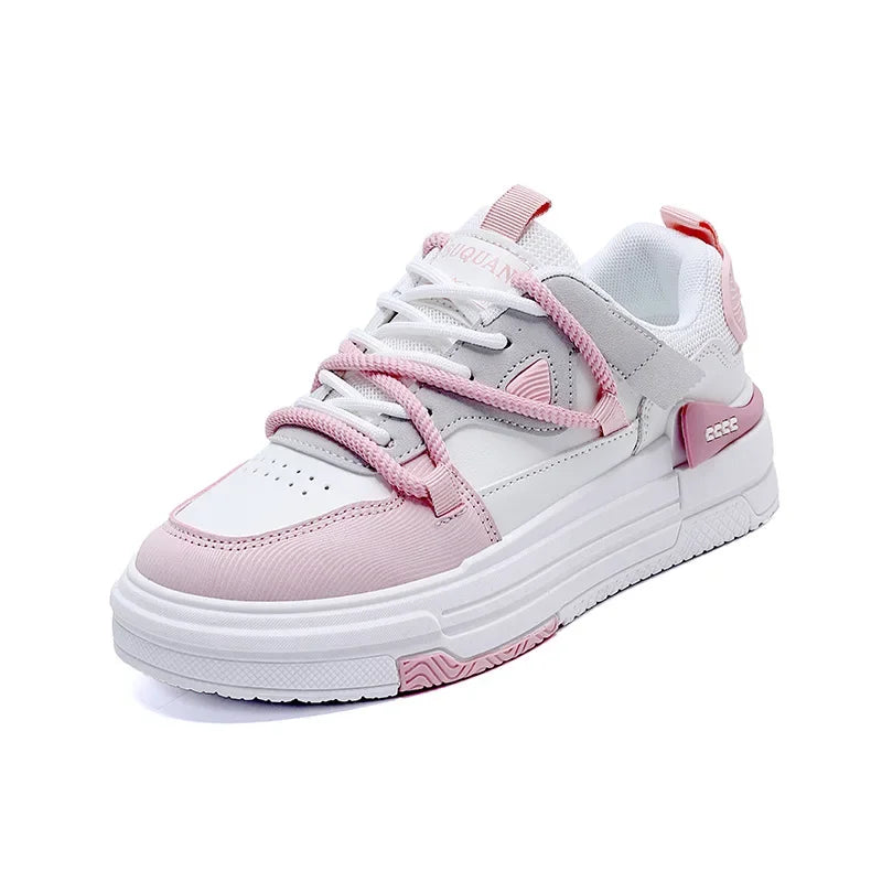 Primavera 2025, Niche, versátil, para estudiantes, zapatos blancos de suela gruesa, a la moda, con doble lazo, deportivos casuales.