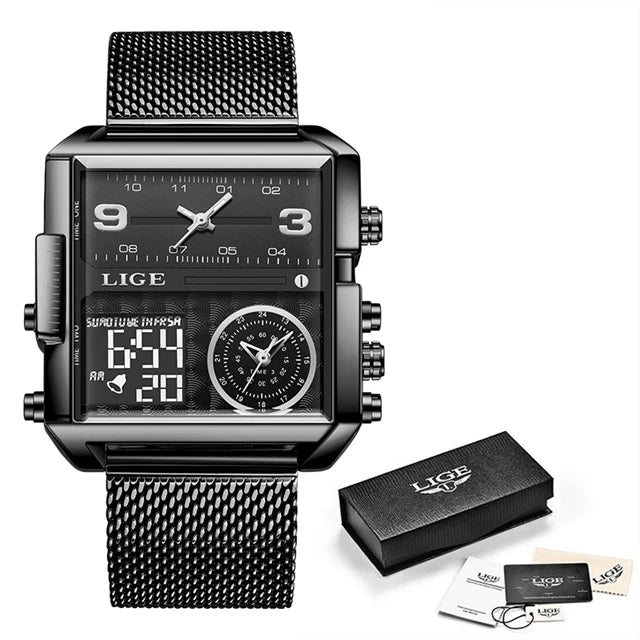 Reloj LIGE de acero negro para hombre, reloj digital con doble pantalla, cronógrafo deportivo, resistente al agua, de cuarzo, estilo militar