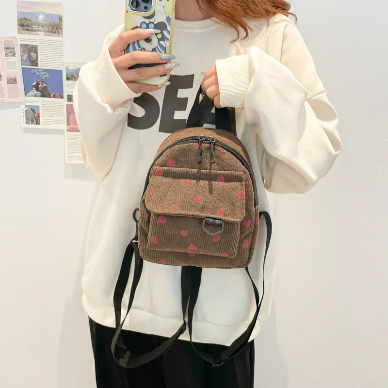 Mini mochila de pana retro para mujer, informal, bonita, para exteriores, con doble hombro, estilo coreano, simple, con bolsillo para teléfono móvil, poliéster, L