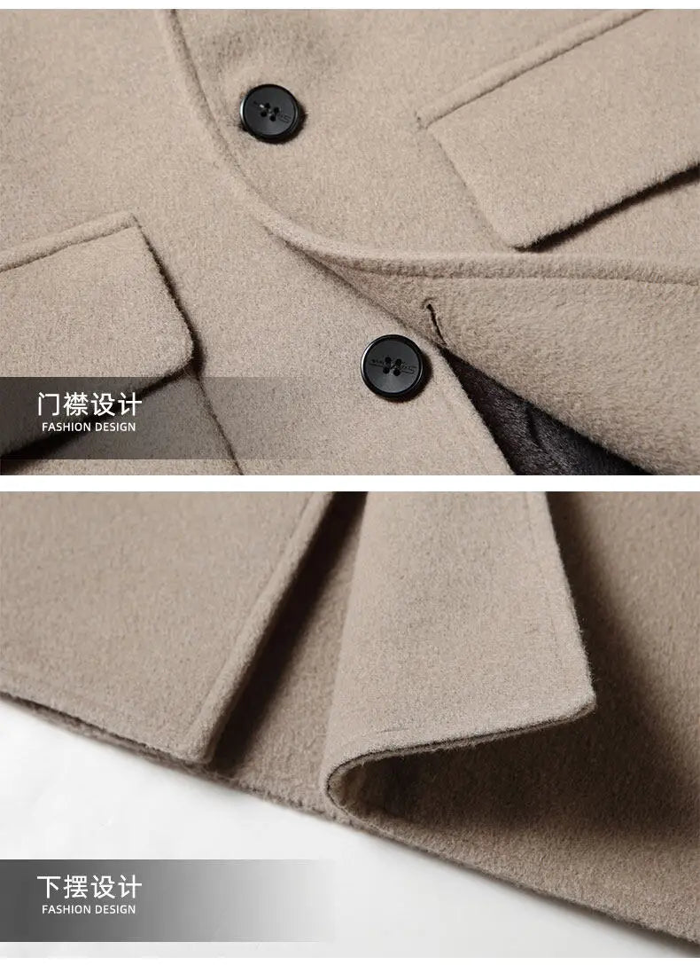 2024 Winter New Men's Hoodie Medium Long Woolen Coat Rabbit Plush Thick Warm Casual Coat High end Fabric 100% Pure Wool