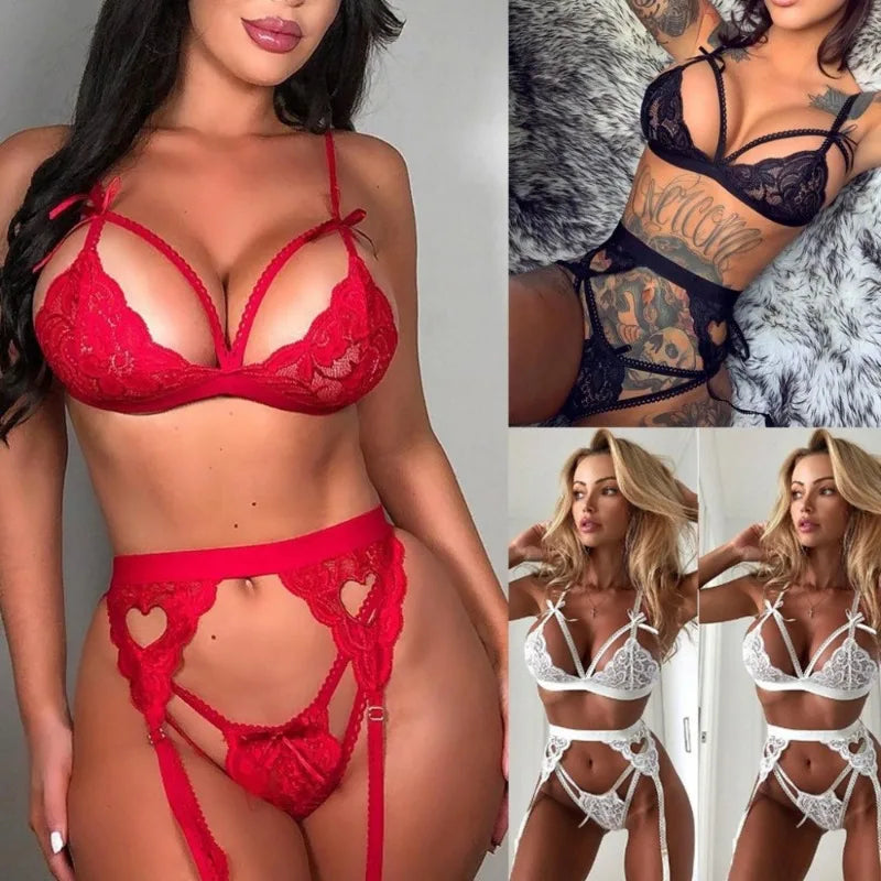 Conjunto de lencería sexy con escote en V profundo para mujer, espalda con forma de corazón, conjunto de 3 piezas con liguero, ropa de dormir erótica tipo babydoll, tentación, tres estilos.