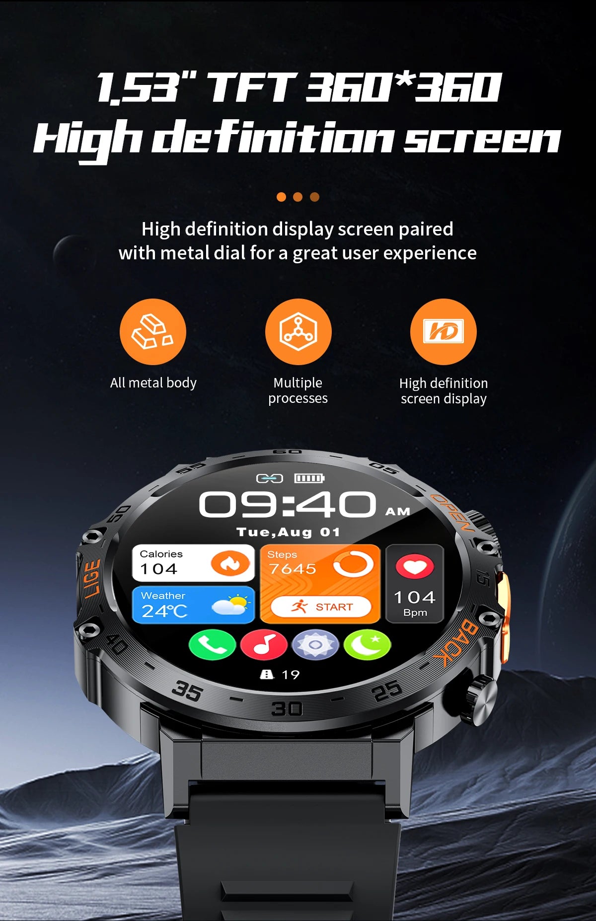 Nuevo reloj inteligente militar para hombre, pantalla AMOLED HD de 360*360, resistente al agua, con linterna LED, deportivo, para Android e iOS.
