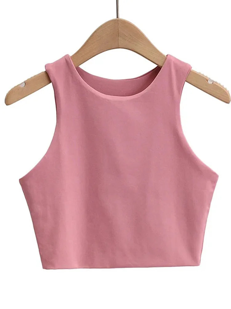 Tops ajustados sexis de moda de verano 2023 para mujer, cuello redondo, sin mangas, de nailon doble, de buena calidad, en 6 colores