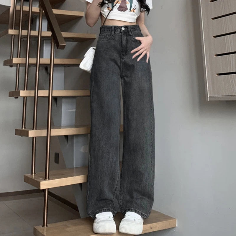 Pantalones vaqueros vintage de pierna ancha para mujer, pantalones de cintura alta para niña, moda femenina, negro, gris, retro, azul, azul claro, rosa, pantalones vaqueros