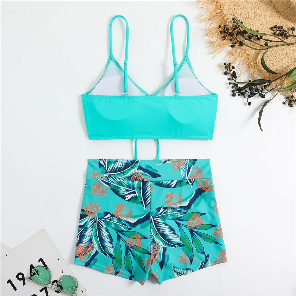 Bikini con cordón y estampado tropical para mujer, traje de baño de cintura alta con lazo frontal, pantalones cortos, traje de baño sexy para mujer, ropa de playa de verano