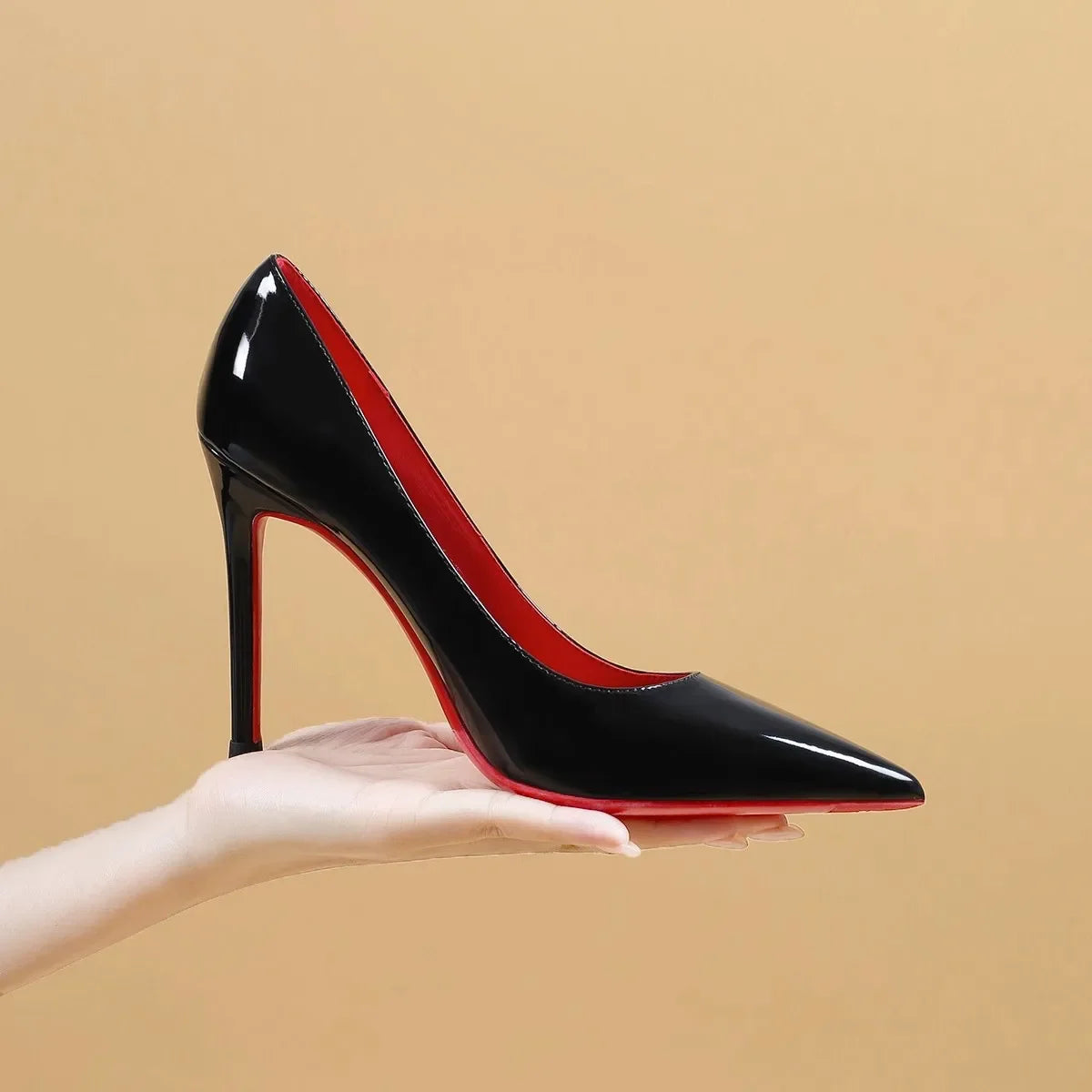 Zapatos de tacón alto con suela roja y charol negro, puntera puntiaguda, sin cordones, tacón fino, sexys, para discoteca, trabajo, temporada de verano.