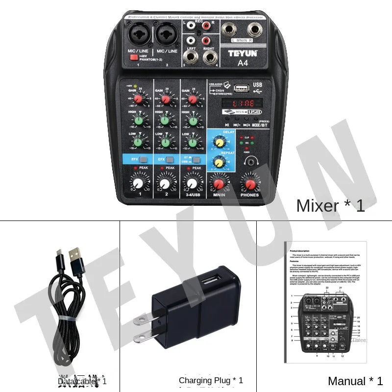 Mesa de mezclas de sonido para DJ TEYUN de 8, 6 y 4 canales, mezclador de audio con 24 efectos DSP, Bluetooth, PC, reproducción USB, grabación, controlador de 48 V, consola de mezclas