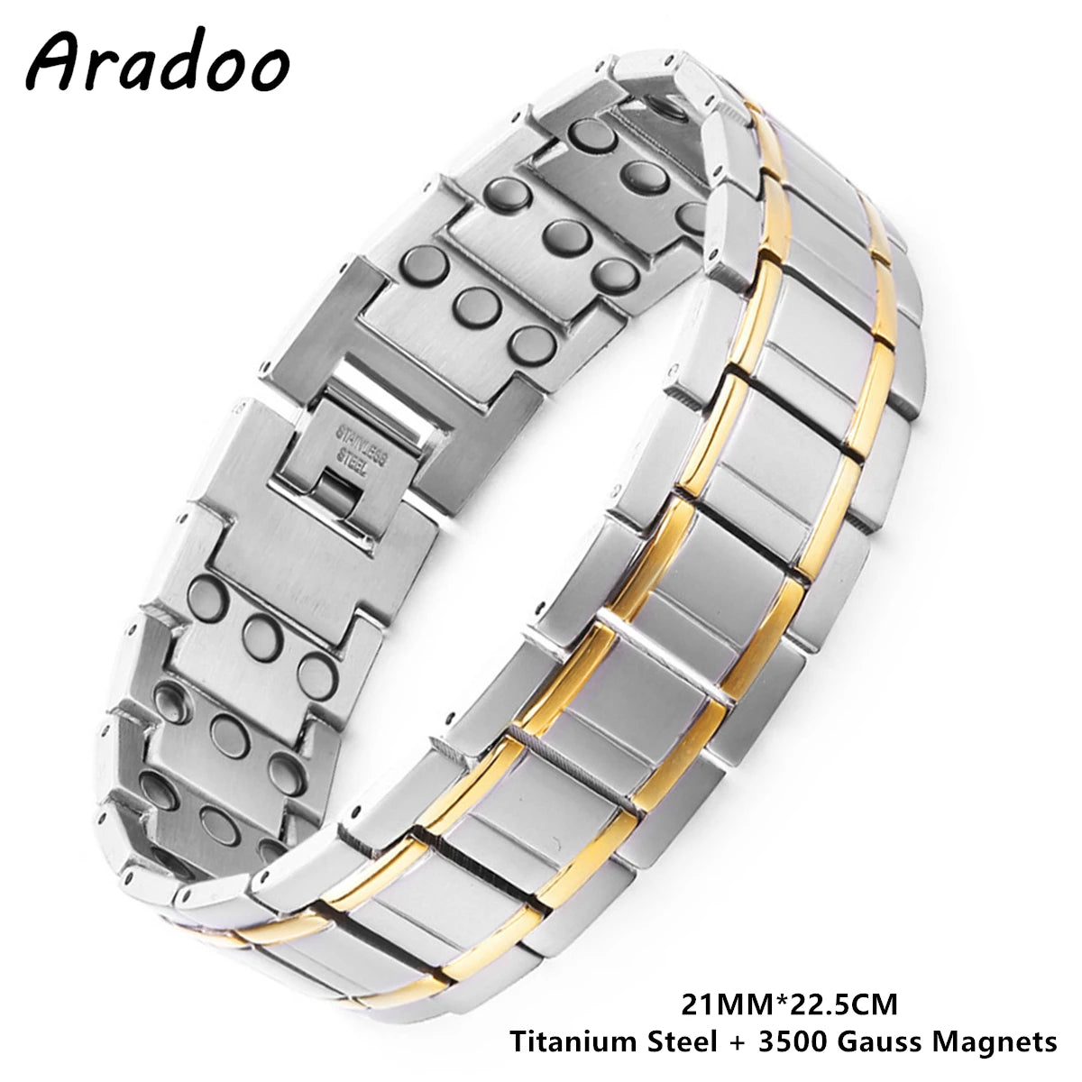 Pulseras clásicas de acero y titanio ARADOO con 3 imanes de neodimio ultrarresistentes, pulsera de eslabones de cobre para terapia magnética.