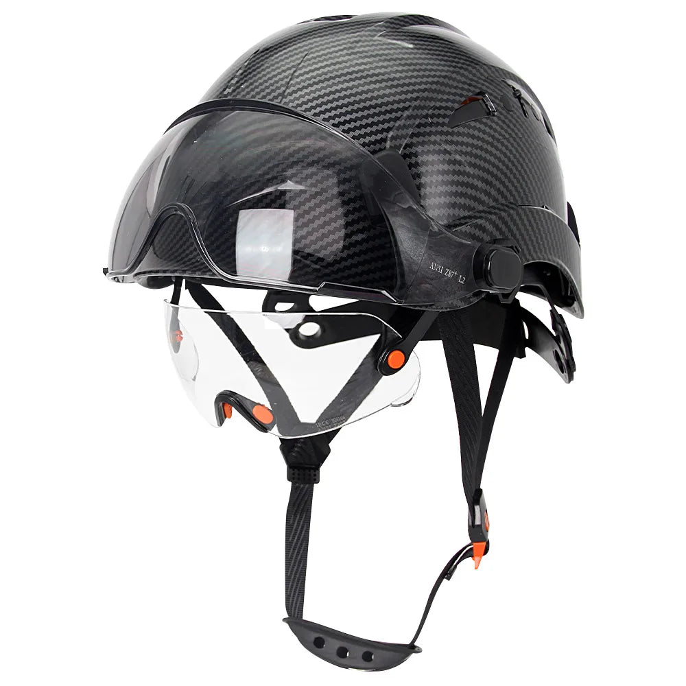 Casco de seguridad con patrón de fibra de carbono y gafas de doble visera para ingenieros, casco de seguridad CE ANSI ABS, gorra de trabajo industrial, rescate