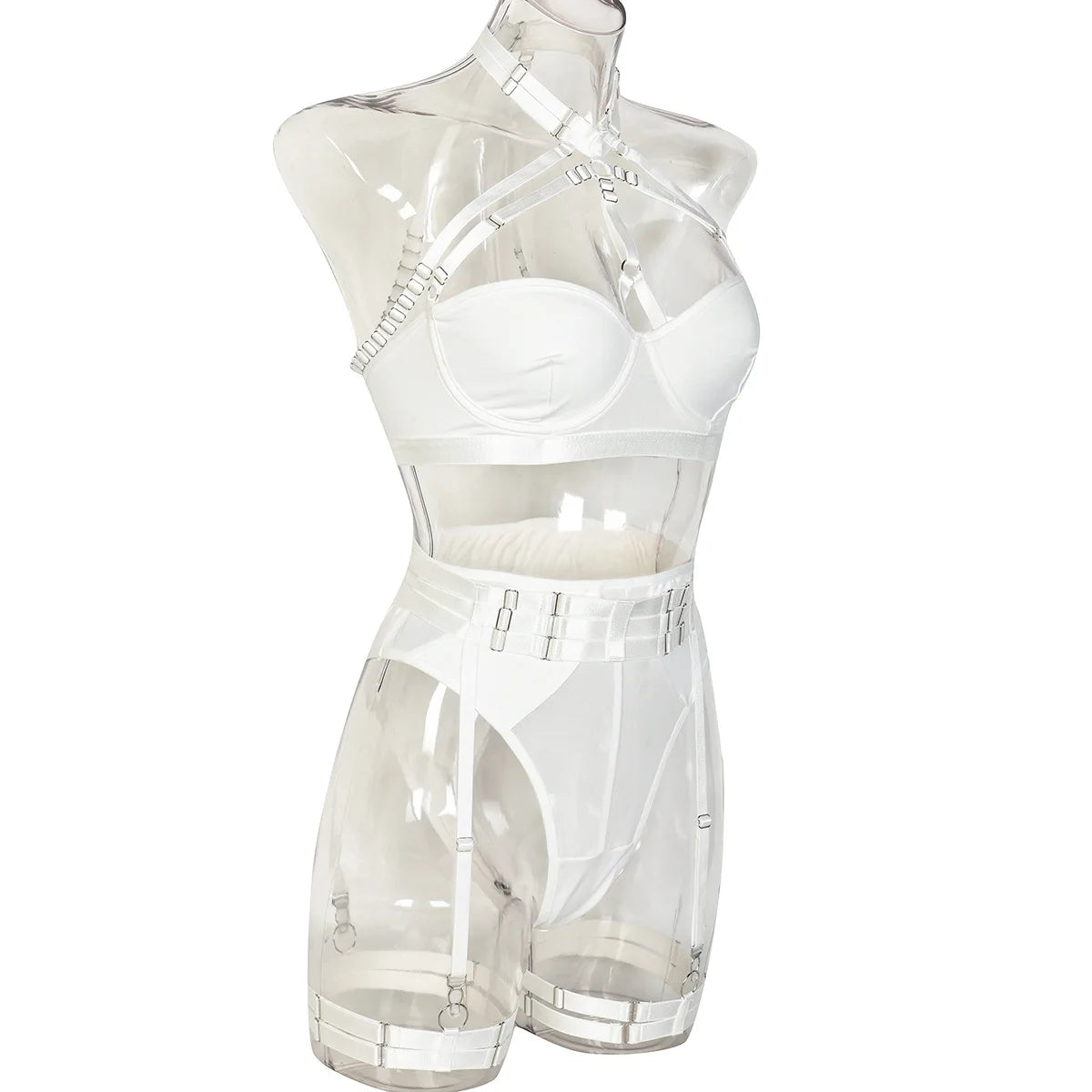 Conjunto de lencería sexy para mujer, con panel de encaje, escote en V profundo, glúteos abiertos, tirantes con forma de corazón de melocotón, cadena cruzada, liguero, ropa interior de tres piezas