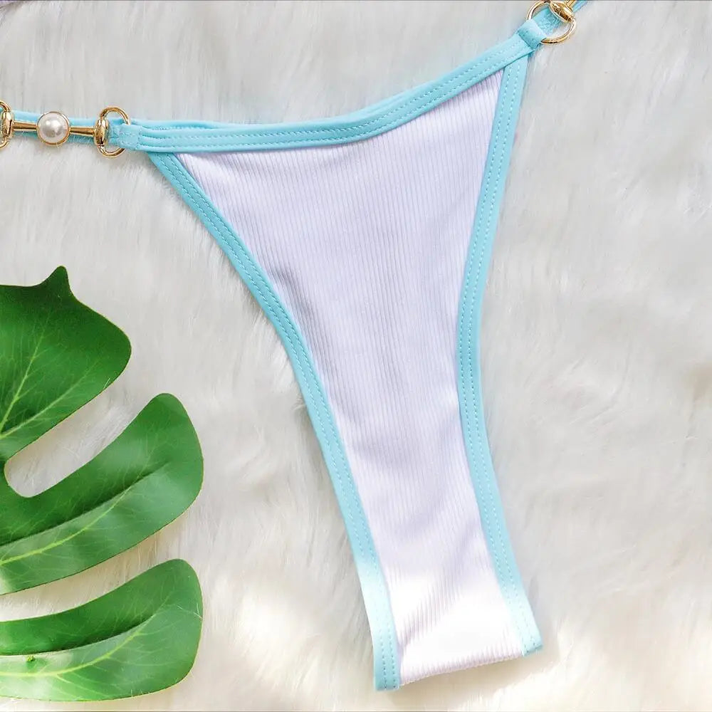 Bikini sexy con cuello halter y perlas para mujer, traje de baño femenino de dos piezas con ribete acanalado