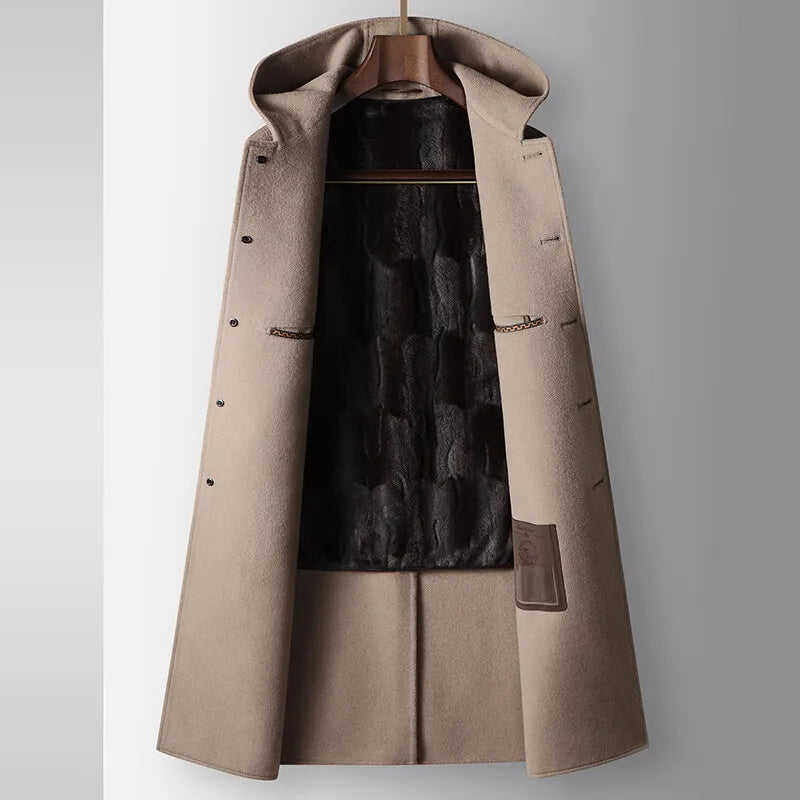 2024 Winter New Men's Hoodie Medium Long Woolen Coat Rabbit Plush Thick Warm Casual Coat High end Fabric 100% Pure Wool